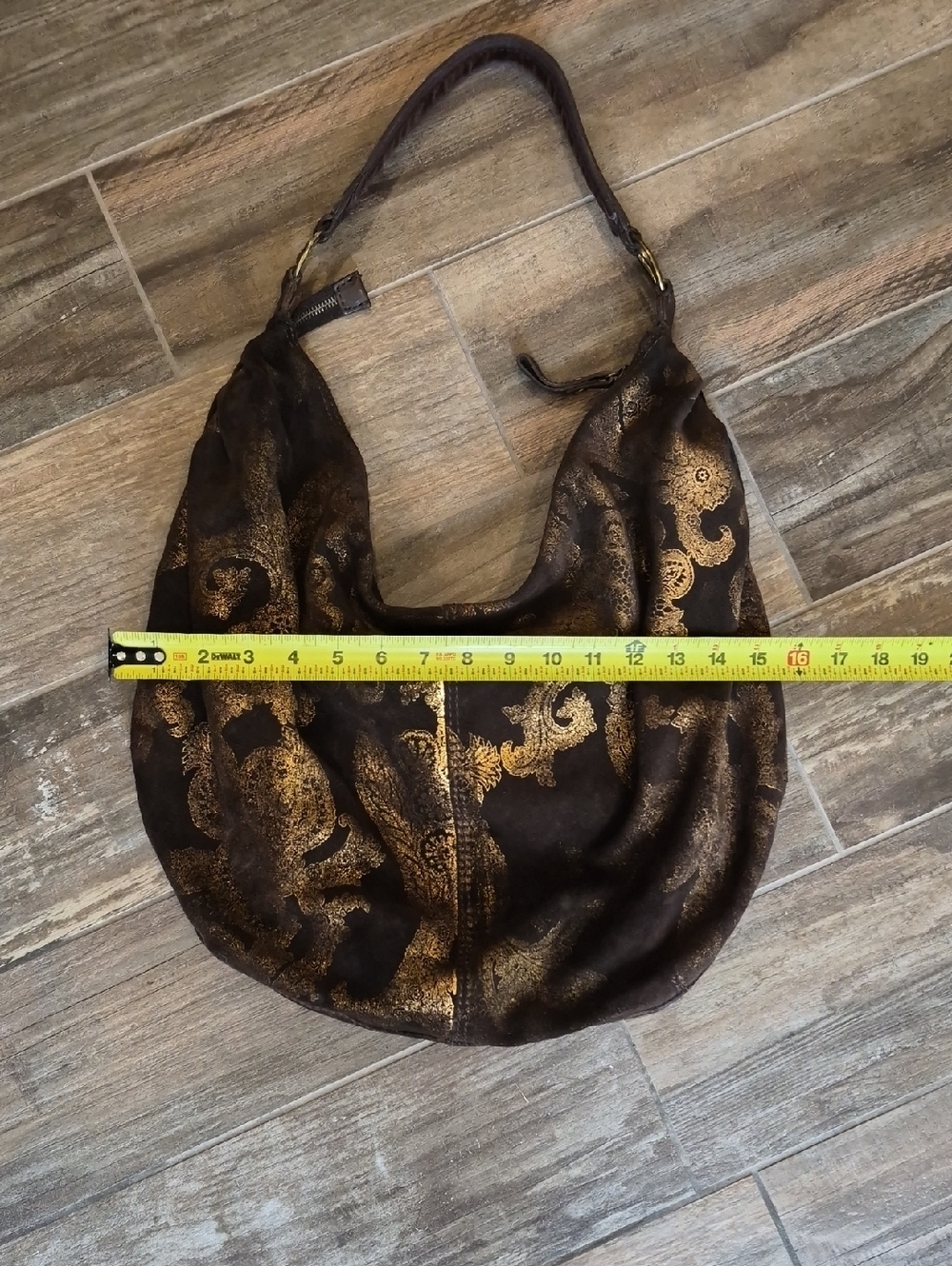 Lucky Brand Brown Suede & Gold Foilage Pleated Detail Bohemian Hobo Shoulder Bag - Picture 15 of 16